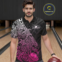 Load image into Gallery viewer, Male model wearing a black and pink bowling polo shirt at the bowling lane with Polynesian-inspired bowling artwork.