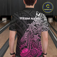 Load image into Gallery viewer, Back view of a male model in a black and pink bowling polo shirt showcasing tribal swirl graphics and turtle-themed accents.