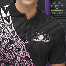 Load image into Gallery viewer, Left chest close-up of a black and pink bowling polo shirt displaying bowling artwork with Polynesian tribal details.