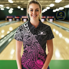 Load image into Gallery viewer, Female model wearing a black and pink bowling polo shirt at the bowling lane with tribal-inspired bowling artwork.