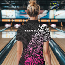 Load image into Gallery viewer, Back view of a female model in a black and pink bowling polo shirt displaying turtle Polynesian bowling graphics.