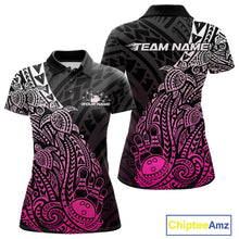 Load image into Gallery viewer, Front and back views of a black and pink womens bowling polo shirt featuring bowling ball and pin graphics framed by tribal swirls and turtle motifs.
