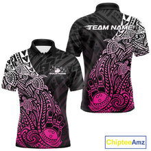 Load image into Gallery viewer, Front and back views of a black and pink mens bowling polo shirt featuring bowling ball and pin graphics framed by tribal swirls and turtle motifs.