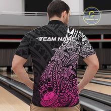 Load image into Gallery viewer, Front view of a male model in a black and pink bowling quarter-zip shirt featuring turtle-themed tribal bowling artwork.