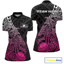 Load image into Gallery viewer, Front and back views of a black and pink womens bowling quarter-zip shirt showcasing bowling ball and pin graphics framed by tribal swirls and turtle patterns.