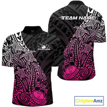Load image into Gallery viewer, Front and back views of a black and pink mens bowling quarter-zip shirt showcasing bowling ball and pin graphics with tribal swirl accents.