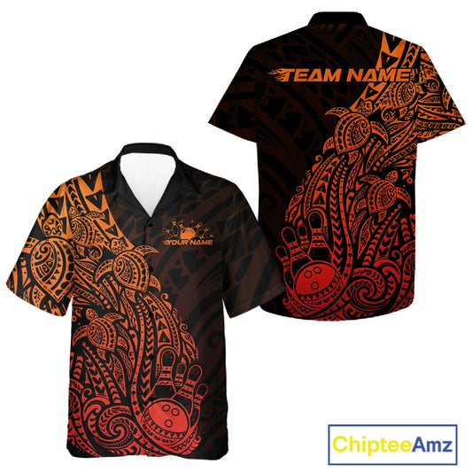 Front and back views of a black and red orange button-up bowling shirt featuring bowling artwork accented by tribal swirls and turtle motifs.