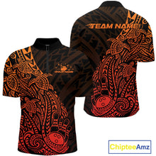 Load image into Gallery viewer, Front and back views of a black and red orange mens bowling quarter-zip shirt featuring bowling pins and a ball surrounded by tribal swirls.