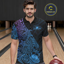 Load image into Gallery viewer, Male model wearing a black, blue, and purple bowling polo shirt at the bowling lane with Polynesian-inspired bowling graphics and tribal accents.