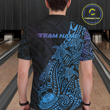 Load image into Gallery viewer, Back view of a male model in a black, blue, and purple bowling polo shirt showcasing turtle-themed bowling artwork and flowing tribal swirls.