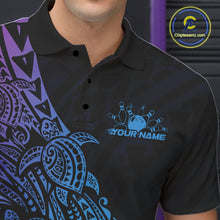 Load image into Gallery viewer, Left chest close-up of a black, blue, and purple bowling polo shirt featuring bowling motifs with Polynesian turtle and swirl details.