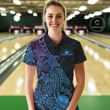 Load image into Gallery viewer, Female model wearing a black, blue, and purple bowling polo shirt at the bowling lane with Polynesian-style bowling artwork.