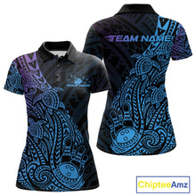 Load image into Gallery viewer, Front and back views of a black, blue, and purple womens bowling polo shirt showcasing bowling pins and a ball with tribal swirl and turtle-inspired graphics.