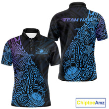 Load image into Gallery viewer, Front and back views of a black, blue, and purple mens bowling polo shirt featuring bowling ball and pin artwork surrounded by tribal swirls and turtle Polynesian patterns.