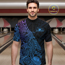Load image into Gallery viewer, Male model wearing a black, blue, and purple bowling quarter-zip shirt at the lane with tribal-inspired bowling artwork.