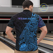Load image into Gallery viewer, Front view of a male model in a black, blue, and purple bowling quarter-zip shirt featuring Polynesian bowling motifs and swirl accents.