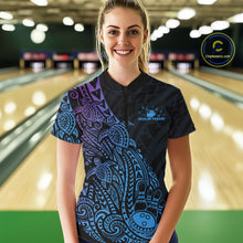 Load image into Gallery viewer, Female model wearing a black, blue, and purple bowling quarter-zip shirt at the bowling lane with Polynesian-inspired bowling graphics and tribal accents.