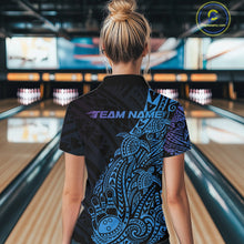 Load image into Gallery viewer, Back view of a female model in a black, blue, and purple bowling quarter-zip shirt showcasing turtle-themed tribal bowling artwork.
