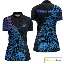 Load image into Gallery viewer, Front and back views of a black, blue, and purple womens bowling quarter-zip shirt featuring bowling ball and pin artwork surrounded by tribal swirls and turtle Polynesian patterns.