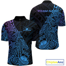 Load image into Gallery viewer, Front and back views of a black, blue, and purple mens bowling quarter-zip shirt showcasing bowling ball and pin graphics with turtle Polynesian patterns.