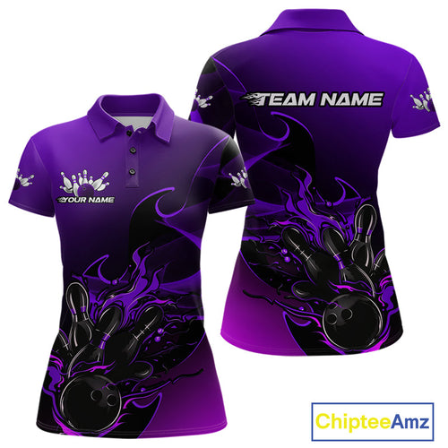 Custom Black And Purple Flame Bowling Team Women Polo Shirt, Bowling Tournament Shirt IPHW9869