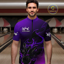 Load image into Gallery viewer, Custom Black And Purple Flame Bowling Team Men Quarter-Zip Shirt, Bowling Tournament Shirt IPHW9869