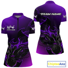 Load image into Gallery viewer, Custom Black And Purple Flame Bowling Women Quarter-Zip Shirt, Bowling Tournament Shirt IPHW9869