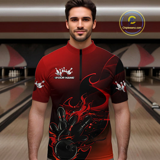 Custom Black And Red Flame Bowling Team Men Quarter-Zip Shirt, Bowling Tournament Shirt IPHW9868