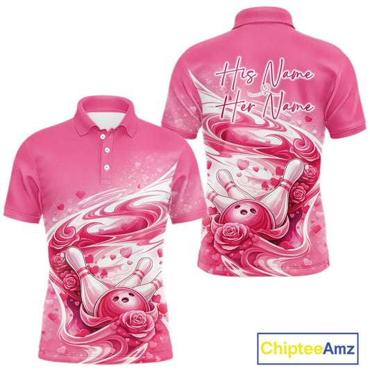 Custom Pink Heart Valentine Bowling Couples Shirt, Heart And Roses Bowling Husband And Wife Gifts With Name IPHW10518