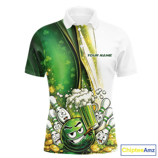Custom Funny St Patricks Party Beer Bowling Team Shirts, Green Shamrock And Gold Coin Bowling Jerseys IPHW10522