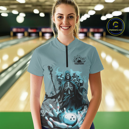 Custom Blue Flame Grim Reaper Bowling Women Quarter-Zip Shirts, Skull Halloween Outfit IPHW9897