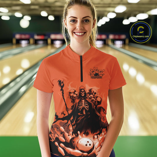 Custom Orange Flame Grim Reaper Bowling Women Quarter-Zip Shirts, Skull Halloween Outfit IPHW9898