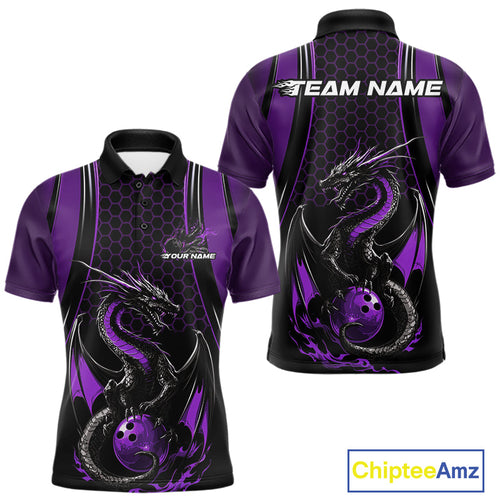 Custom Black And Purple Flame Dragon Bowling Jerseys, Dragon Bowling Team Men Polo Shirt IPHW9907