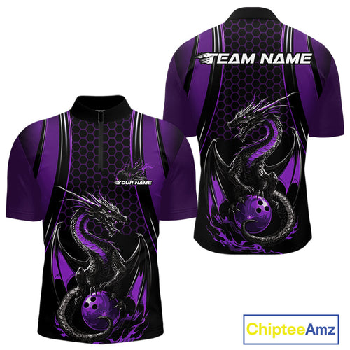 Custom Black And Purple Flame Dragon Bowling Jerseys, Dragon Bowling Team Men Quarter-Zip Shirt IPHW9907