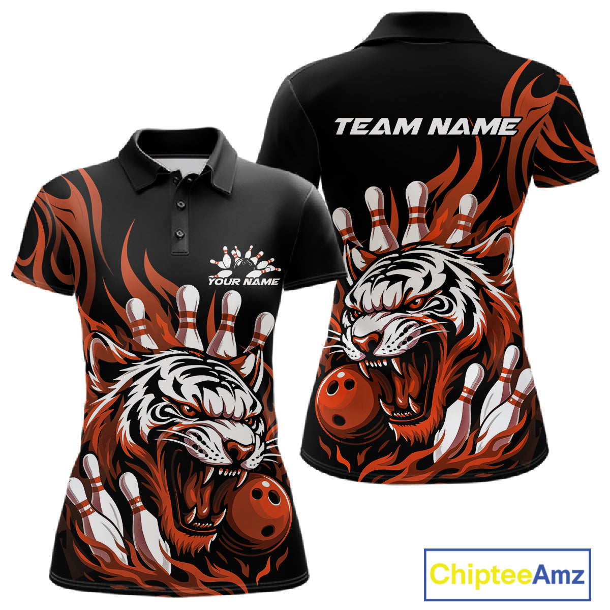 Custom Black And Orange Tiger Women Bowling Jerseys, Tiger Bowling Team League Shirt IPHW10162