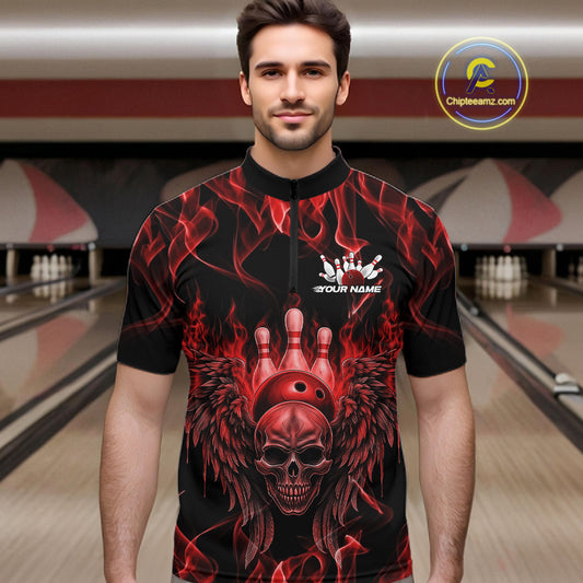 Custom Black And Red Flame Skull With Wings Men Bowling Shirt, Halloween Team Shirt IPHW10165