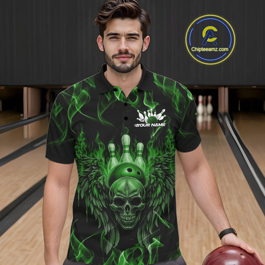 Custom Black And Green Flame Skull With Wings Men Bowling Shirt, Halloween Team Shirt IPHW10167