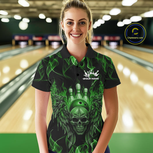 Custom Black And Green Flame Skull With Wings Women Bowling Shirt, Halloween Team Shirt IPHW10167