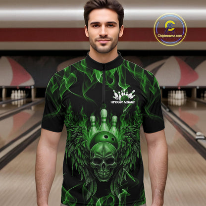 Custom Black And Green Flame Skull With Wings Men Bowling Shirt, Halloween Team Shirt IPHW10167