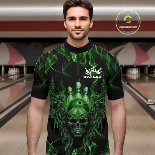 Custom Black And Green Flame Skull With Wings Men Bowling Shirt, Halloween Team Shirt IPHW10167