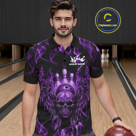Custom Black And Purple Flame Skull With Wings Men Bowling Shirt, Halloween Team Shirt IPHW10168