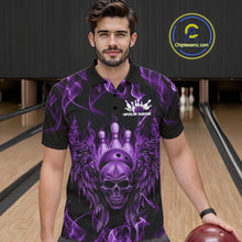 Load image into Gallery viewer, Custom Black And Purple Flame Skull With Wings Men Bowling Shirt, Halloween Team Shirt IPHW10168