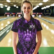 Load image into Gallery viewer, Custom Black And Purple Flame Skull With Wings Women Bowling Shirt, Halloween Team Shirt IPHW10168