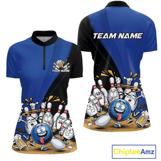 Custom Blue Funny Bowling Women Shirts, Bowling And Beer Party Bowlers Outfit IPHW10818