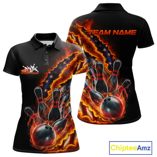Custom Patriotic Flame Women Bowling Team Shirt, US Flag Bowling League Team Shirt IPHW10193