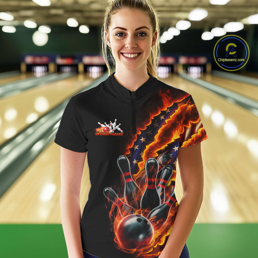 Custom Patriotic Flame Women Bowling Team Shirt, US Flag Bowling League Team Shirt IPHW10193