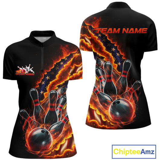 Custom Patriotic Flame Women Bowling Team Shirt, US Flag Bowling League Team Shirt IPHW10193