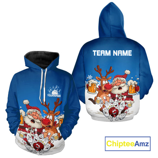Custom Blue Funny Christmas Men And Women Bowling Shirts, Bowling And Beer Xmas Party Shirt IPHW10205