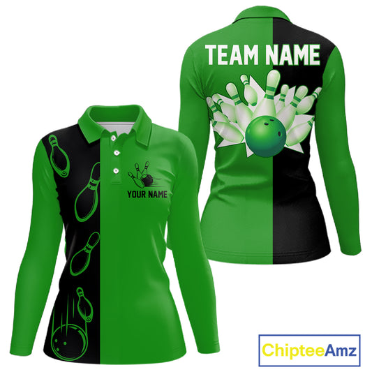 Green and Black retro vintage Bowling polo, quarter zip shirts for Women custom Bowling team jerseys NQS11564