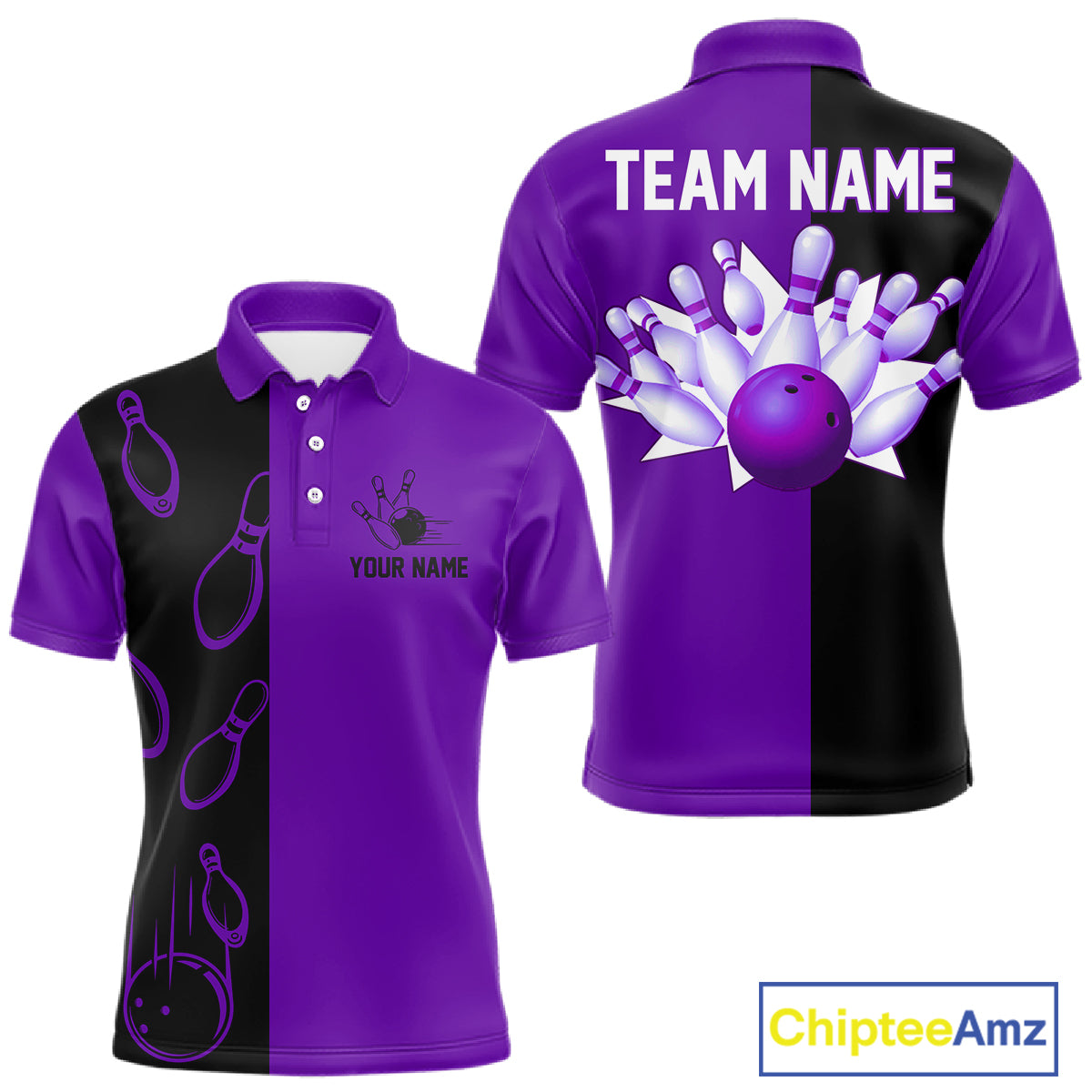 Purple and Black retro vintage Bowling polo, quarter zip shirts for men custom Bowling team jerseys NQS11566